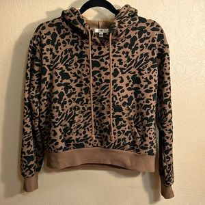 BP Black & Brown Leopard Print Long Sleeve Drawstring Cropped Pullover Hoodie M